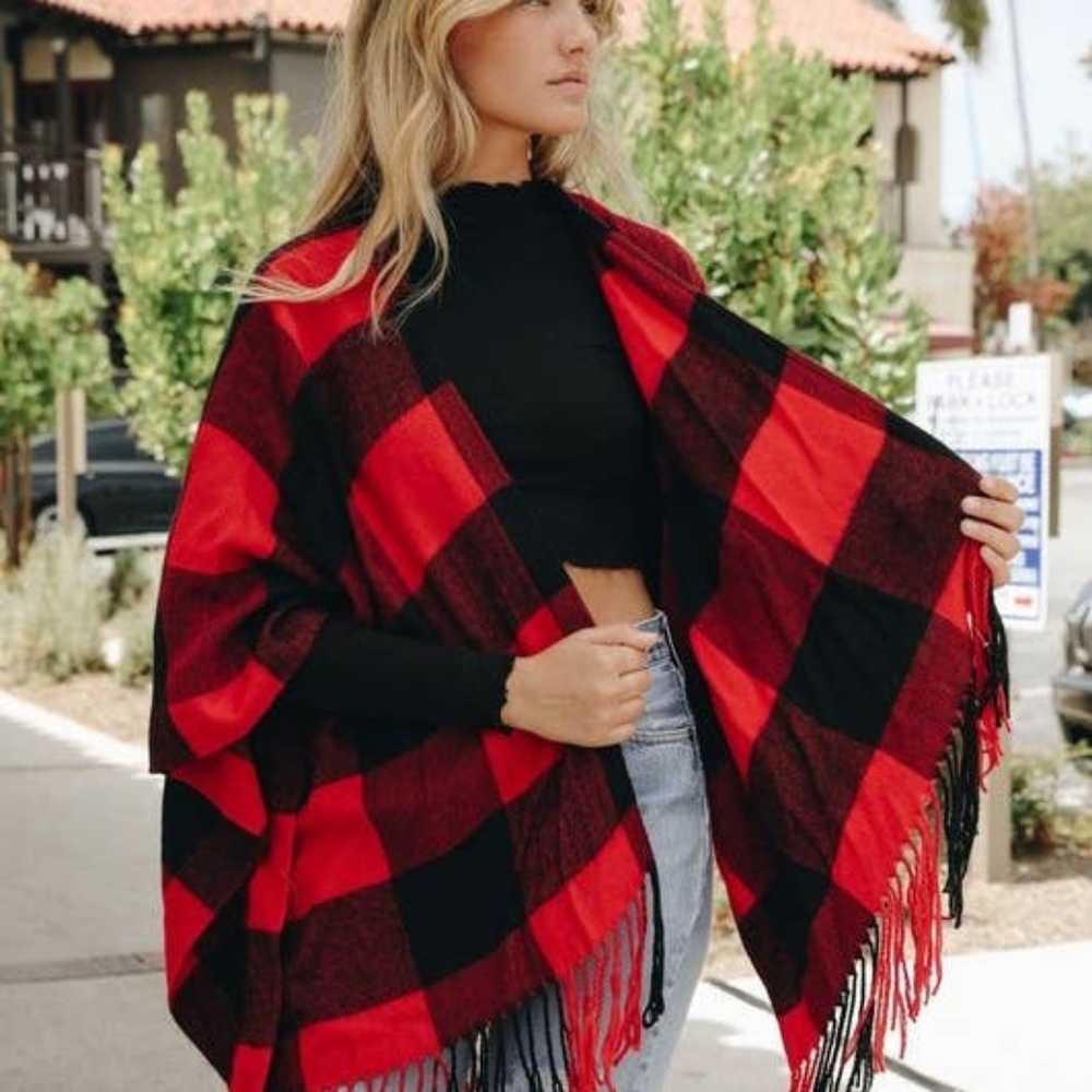 Red Black Check Buffalo Plaid RUANA tassel wrap shawl sweater coverup New - Picture 2 of 2